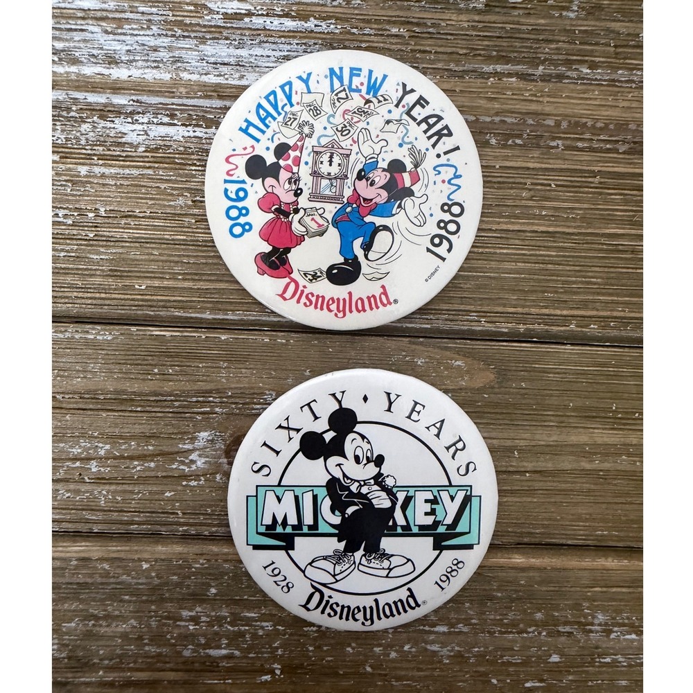 Vintage 1988 Disneyland Mickey Mouse 60th Anniversary & New Year Pin Button Set
